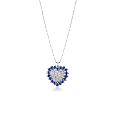 Blue sapphires and diamonds heart necklace in white gold 18k