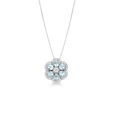 18k white gold necklace with flower pendant aquamarine and diamonds