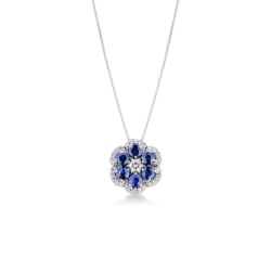 Flower necklace in white gold 18k with blue sapphires and diamonds