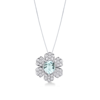 Flower necklace in white gold 18k with aquamarine and diamonds