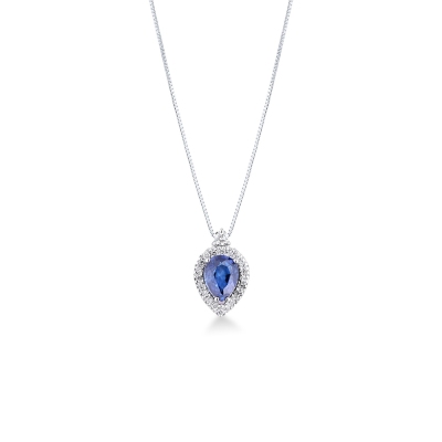 Necklace in white gold 18k with blue sapphire pear cut and diamonds