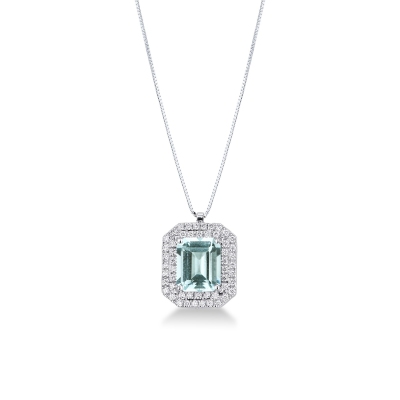 18k white gold necklace with rectangular aquamarine and diamonds