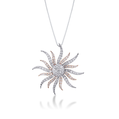 18k rose and white gold sun pendant with diamonds