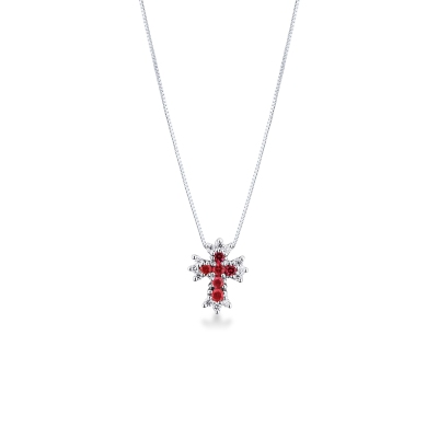 Cross necklace in white gold 750 with rubies and diamonds