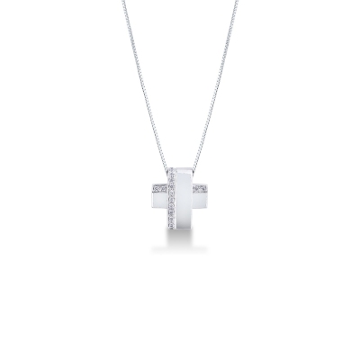 Cross pendant in 18k white gold with 2 rows of diamonds