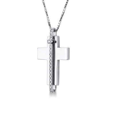 Cross pendant in 18k white gold with a row of diamonds