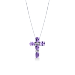 18k white gold cross pendant with amethysts and diamonds