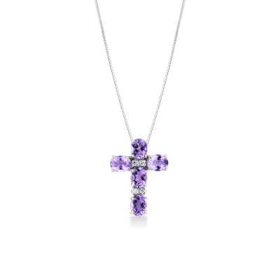 18k white gold cross pendant with amethysts and diamonds