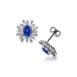 White gold 18k halo stud earrings with blue sapphires and diamond petals