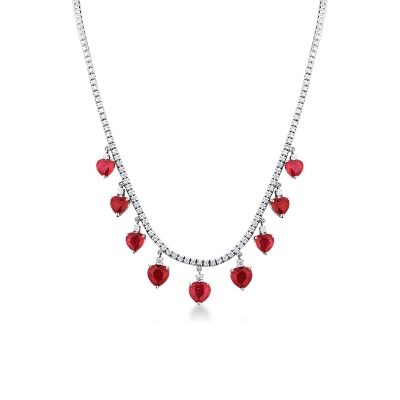 Tennis necklace with ruby heart pendant and diamonds