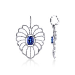 18k white gold drop earrings with a big oval pendant in diamonds and blue sapphire