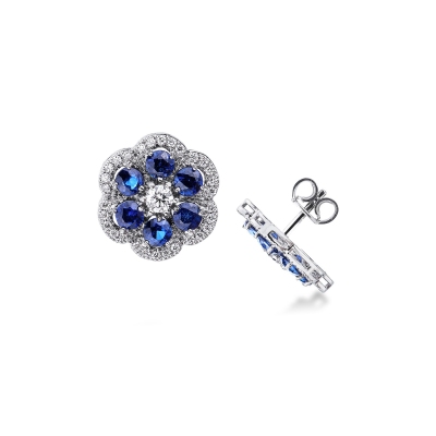 Flower earrings in white gold 18k with blue sapphires and diamonds
