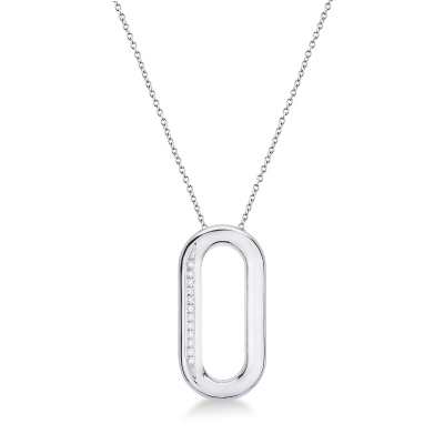 750 white gold necklace with oval pendant adorned with a row of diamonds