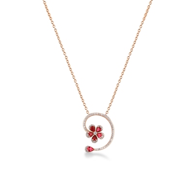 Flower necklace in rose gold 18k with rubies and diamonds