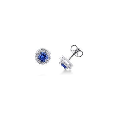 18k white gold halo earrings with blue sapphires and diamonds