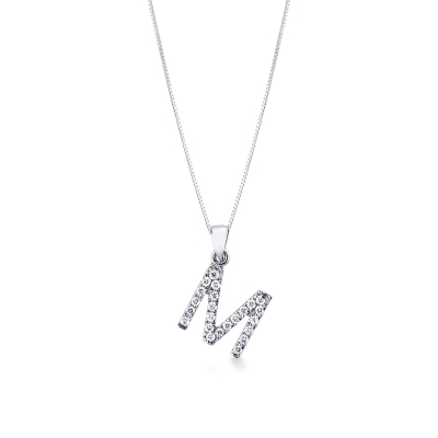 Letter M pendant with diamonds in 18k white gold