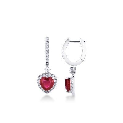 18k white gold earrings with diamonds and rubies heart cut