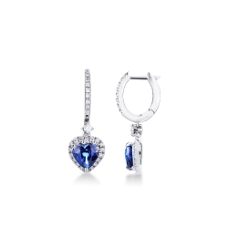 Earrings in white gold 18k with diamonds and blue sapphires heart cut, 6x6 mm