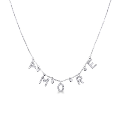 Necklace with letters AMORE in white gold and diamonds
