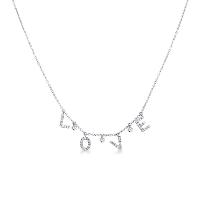 Necklace with letters LOVE in white gold and diamonds
