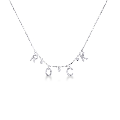 Necklace with letters ROCK in white gold and diamonds