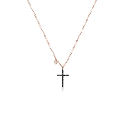 Rose gold 18k pendant with black diamonds cross and a solitaire diamond