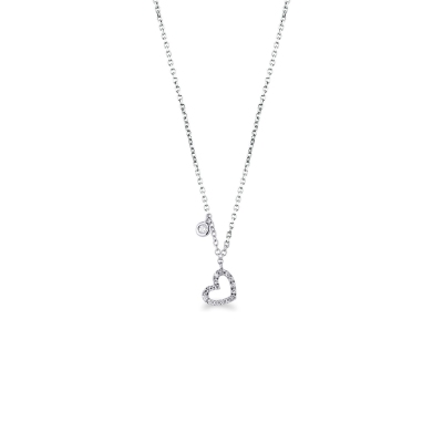 18k white gold inclined heart pendant with diamonds and a solitaire diamond