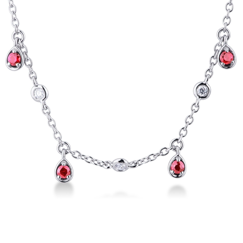 Necklace with diamonds and pear cut ruby charms