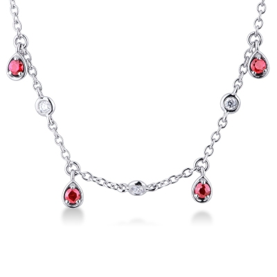 Necklace with diamonds and pear cut ruby charms