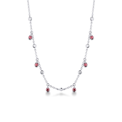 Necklace with diamonds and pear cut ruby charms