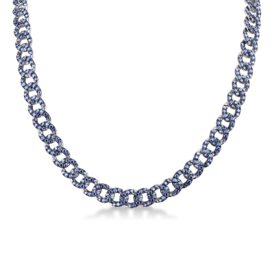 Iced out chain in 18k white gold with blue sapphires