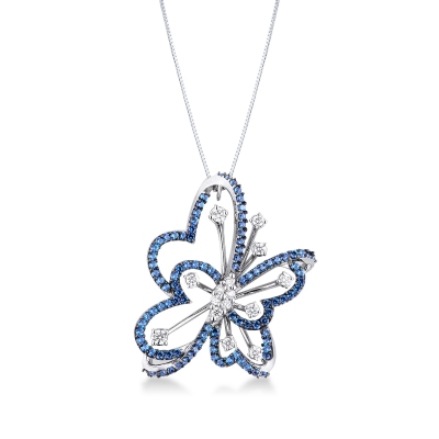 Necklace in white gold 18k with blue sapphires and diamonds butterfly pendant