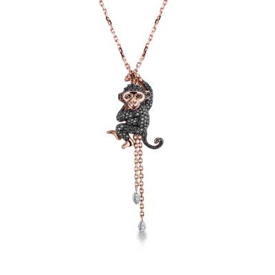 Necklace with Monkey pendant in 18k white and rosé gold with black diamonds
