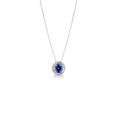 Necklace in white gold 18k with central blue sapphire and diamonds