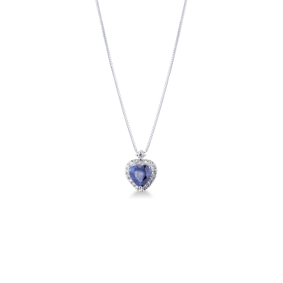 18k white gold necklace with blue sapphire heart pendant and diamonds