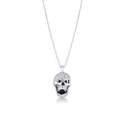 18k white gold necklace with skull in black and white diamonds