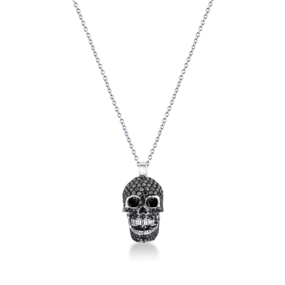 18k white gold necklace with skull pendant in black diamond and 2 diamonds