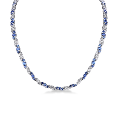 Blue sapphires and diamonds design necklace in white gold 18k