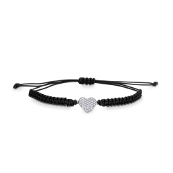 Black fabric cord bracelet with heart charm in white gold 18k and diamonds