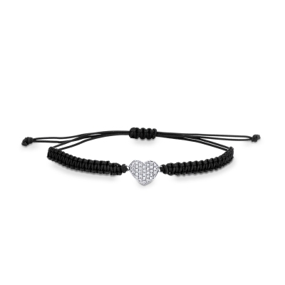 Black fabric cord bracelet with heart charm in white gold 18k and diamonds
