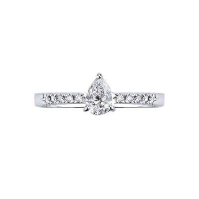 Pear cut solitaire ring in white gold 18k with diamond GIA and diamonds on the shank 