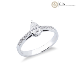 Pear cut solitaire ring in white gold 18k with diamond GIA and diamonds on the shank