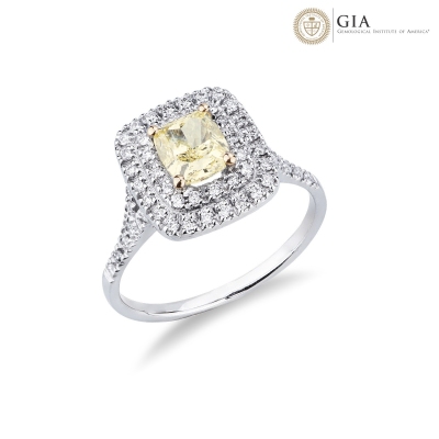 Solitaire ring with cushion fancy yellow cut 1.16ct GIA in white gold 18k