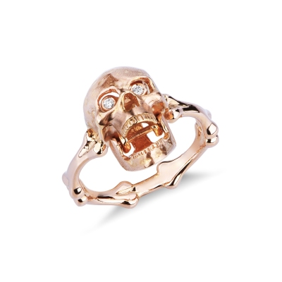 18k rose gold skull design ring with diamonds