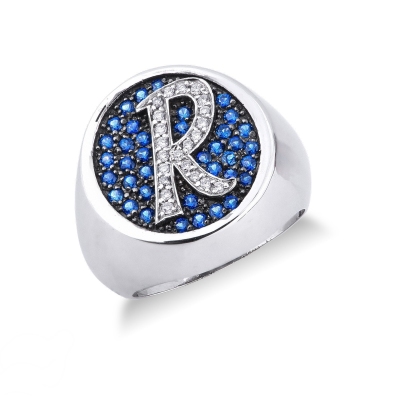 750 gold blue sapphires and diamonds ring with central letter R