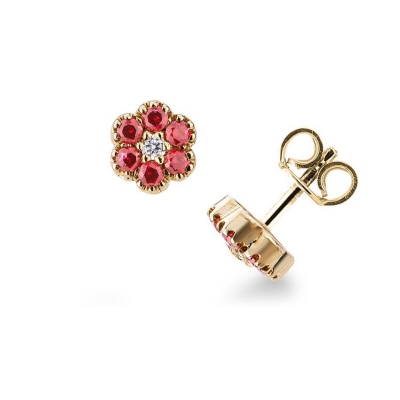 Cluster earrings in 18k yellow gold with rubies and diamonds