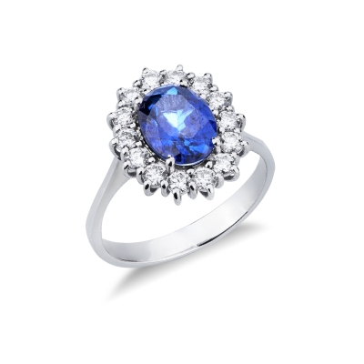 18k white gold ring with oval blue sapphire and diamonds