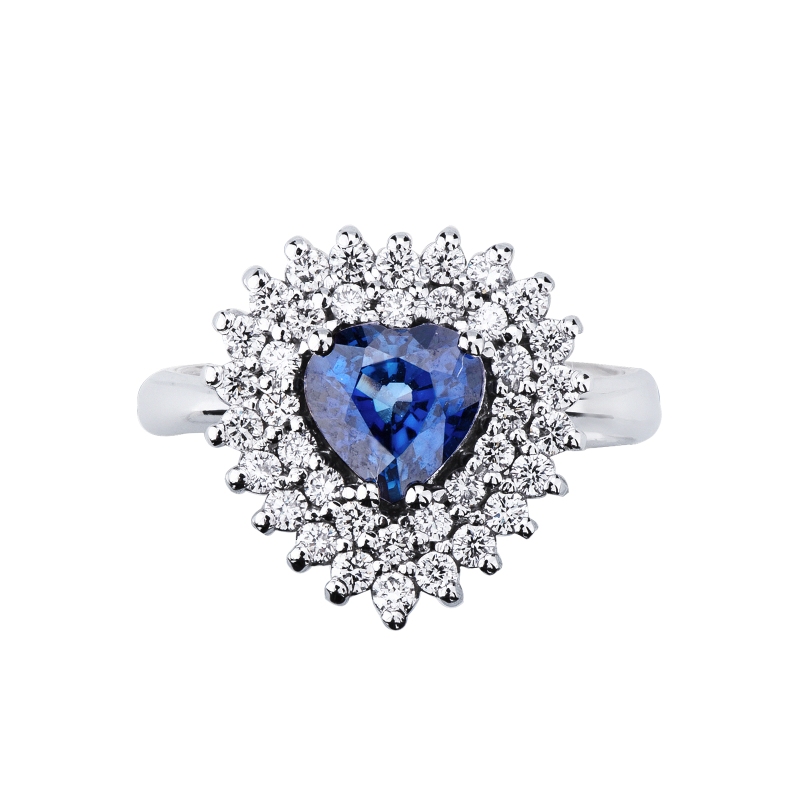 Blue sapphire heart-shaped double halo ring with diamonds
