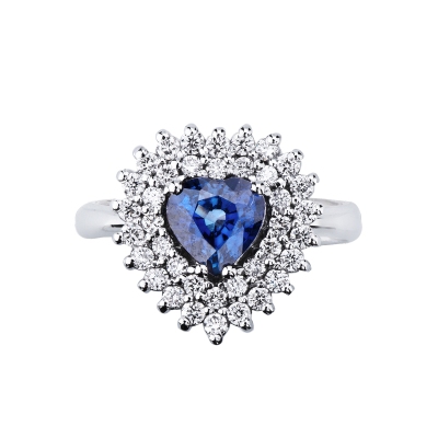 Blue sapphire heart-shaped double halo ring with diamonds