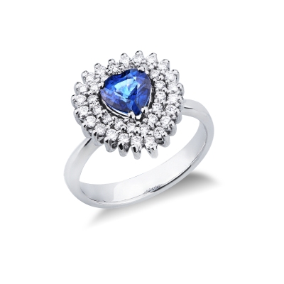 Blue sapphire heart-shaped double halo ring with diamonds